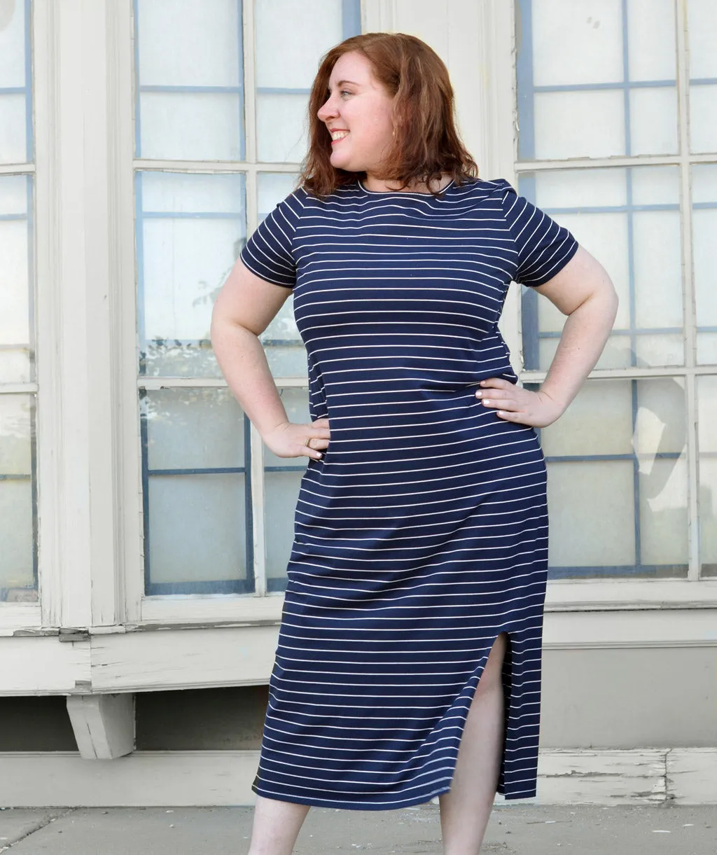 ALEJA boxy stripe dress in Navy