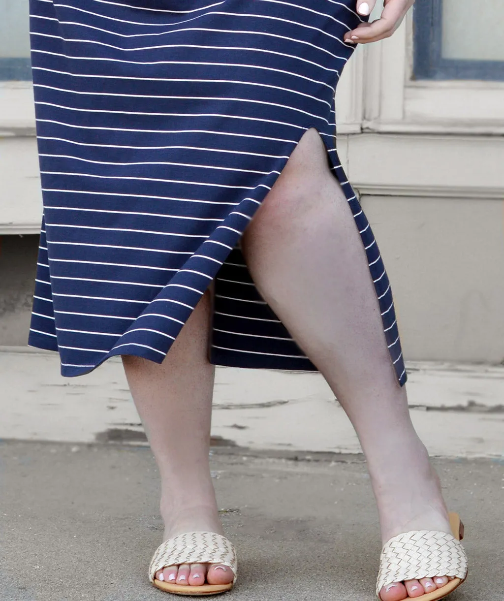 ALEJA boxy stripe dress in Navy