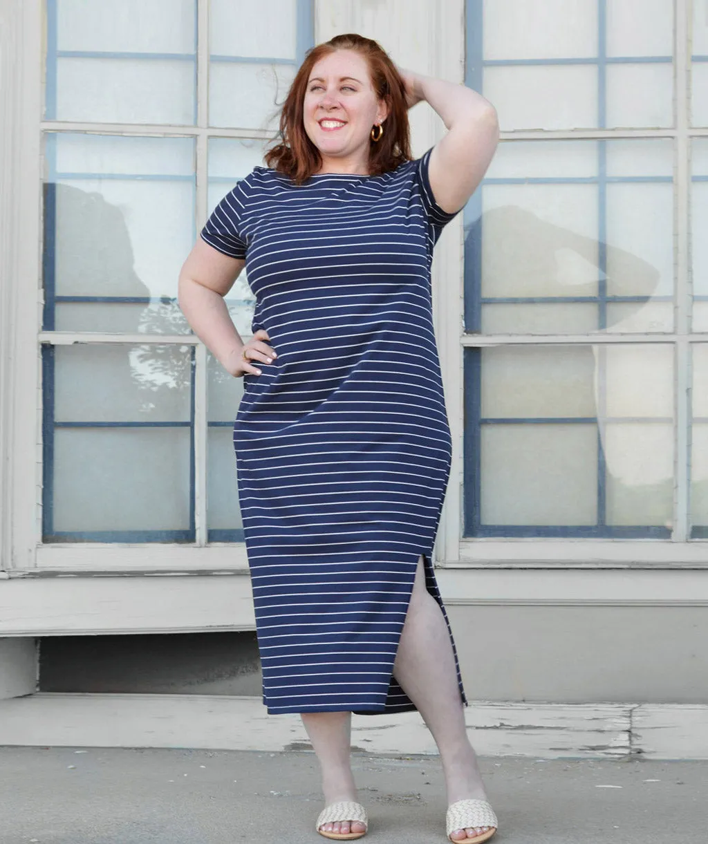 ALEJA boxy stripe dress in Navy