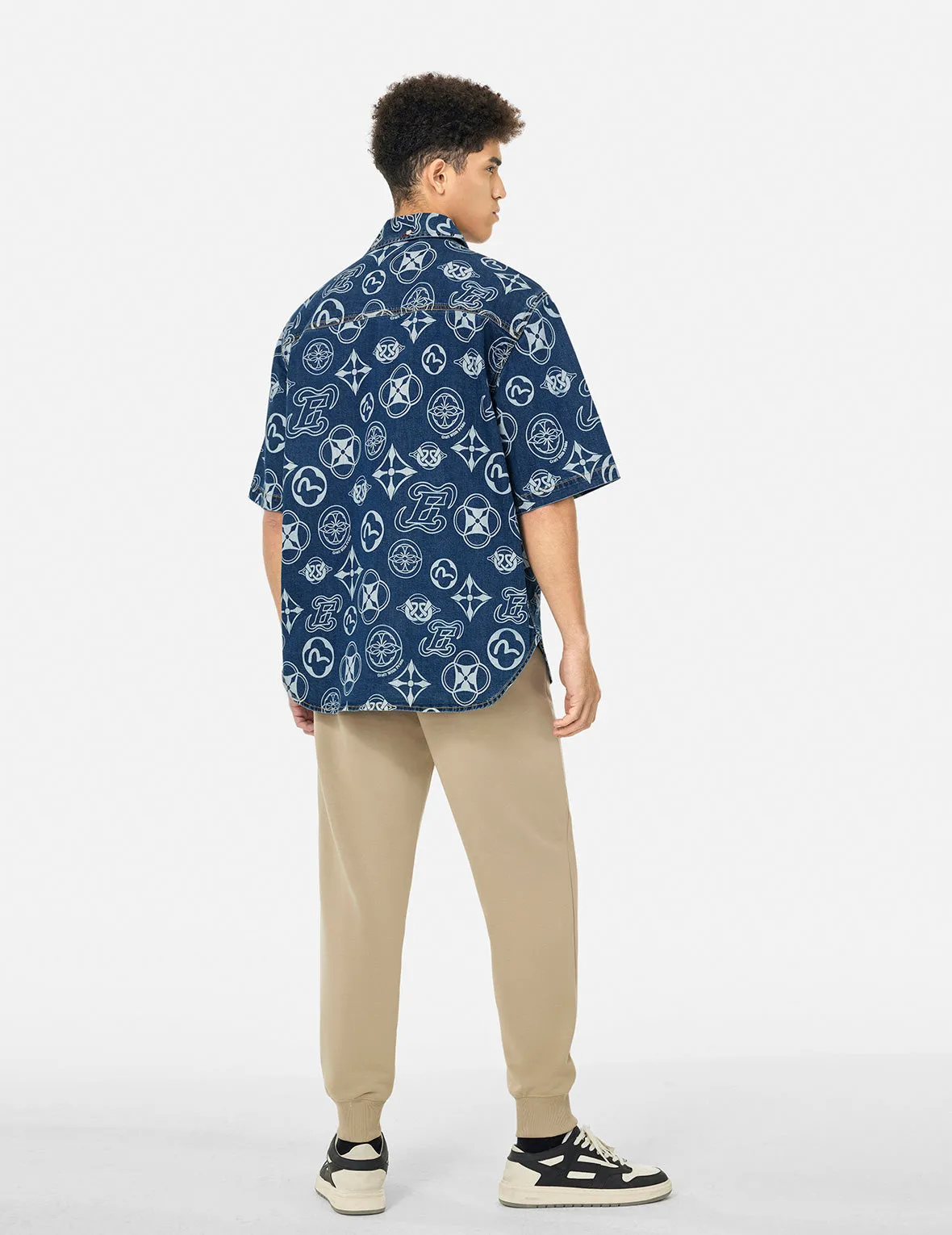 Allover Kamon Print Relax Fit Denim Short Sleeves Shirt