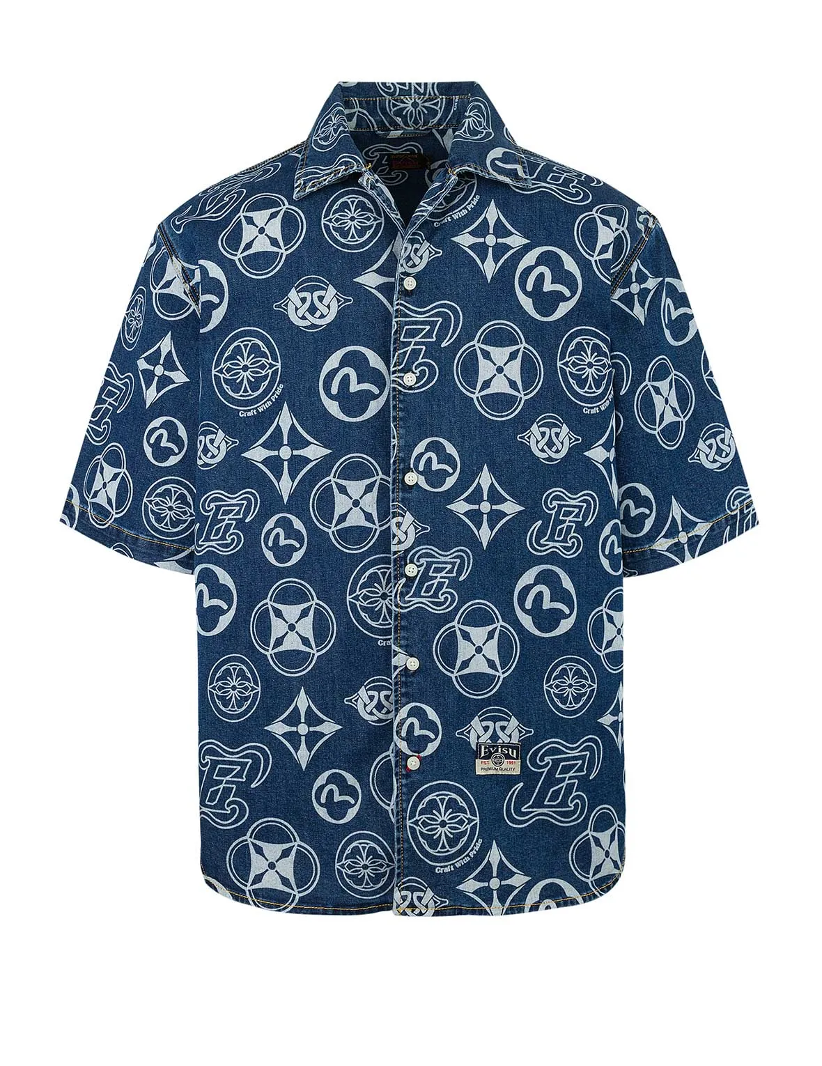 Allover Kamon Print Relax Fit Denim Short Sleeves Shirt