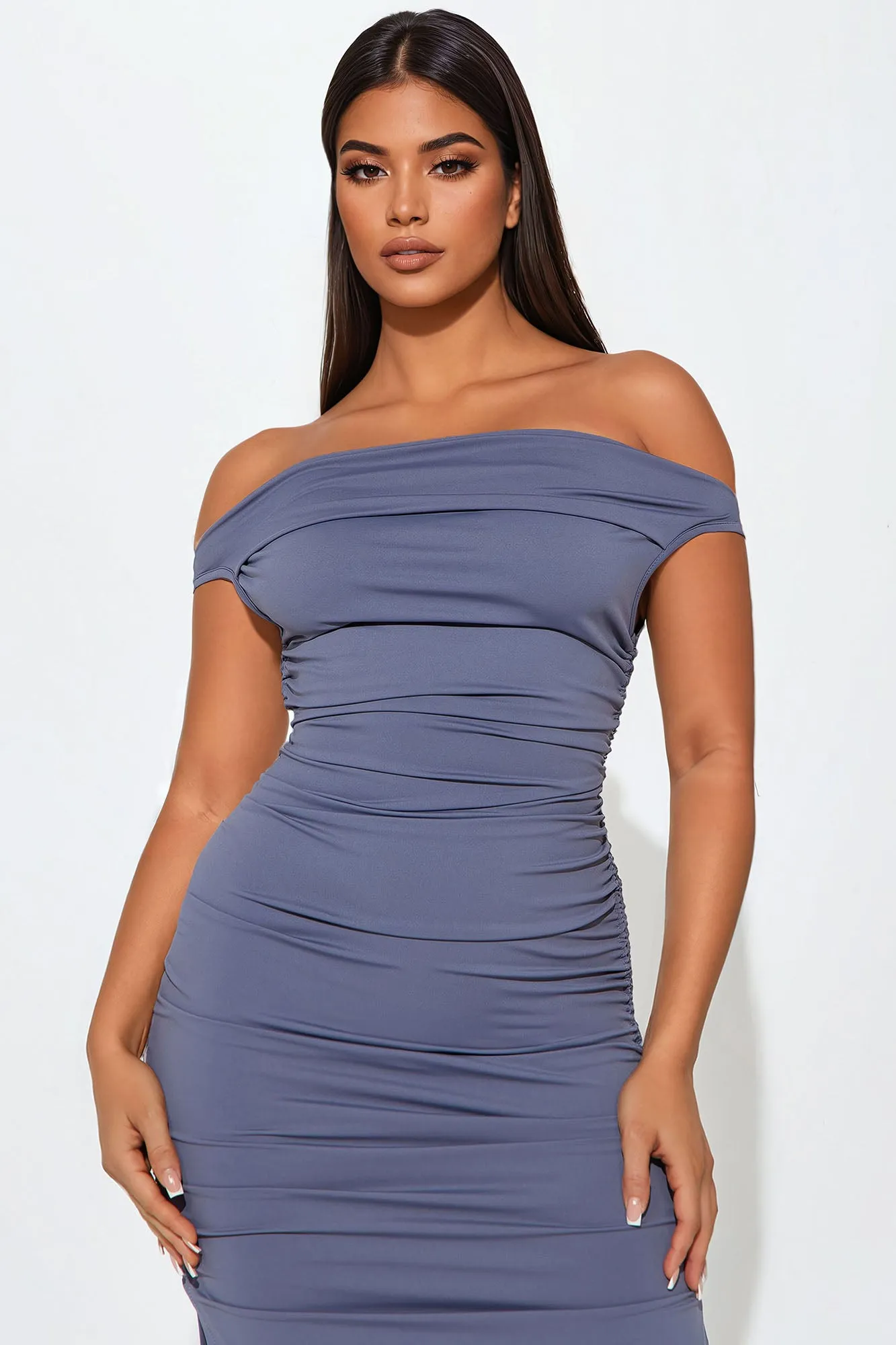 Amelia Ruched Midi Dress - Slate Grey