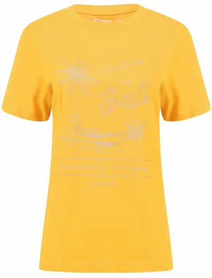 Bali Motif Cotton Crew Neck T-Shirt in Old Gold - South Shore