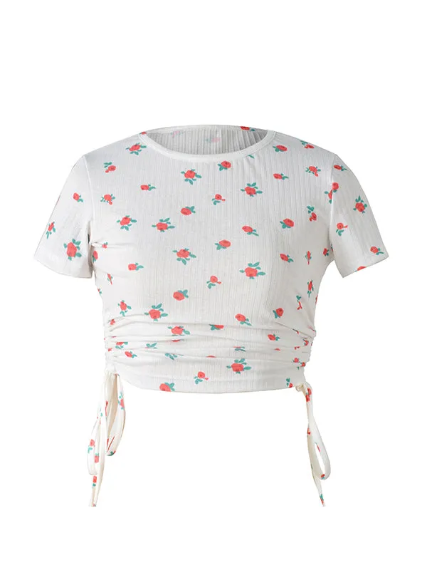 Drawstring Ruched Side Rib-Knit Crop Tee