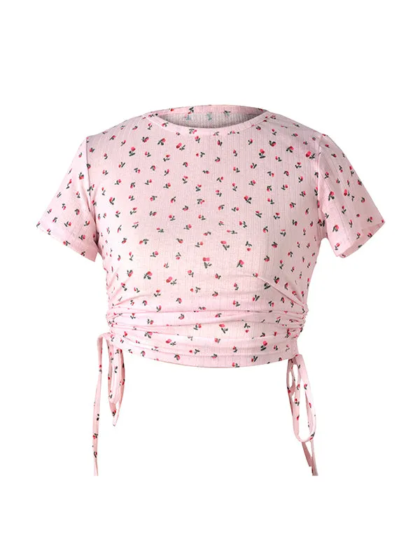 Drawstring Ruched Side Rib-Knit Crop Tee