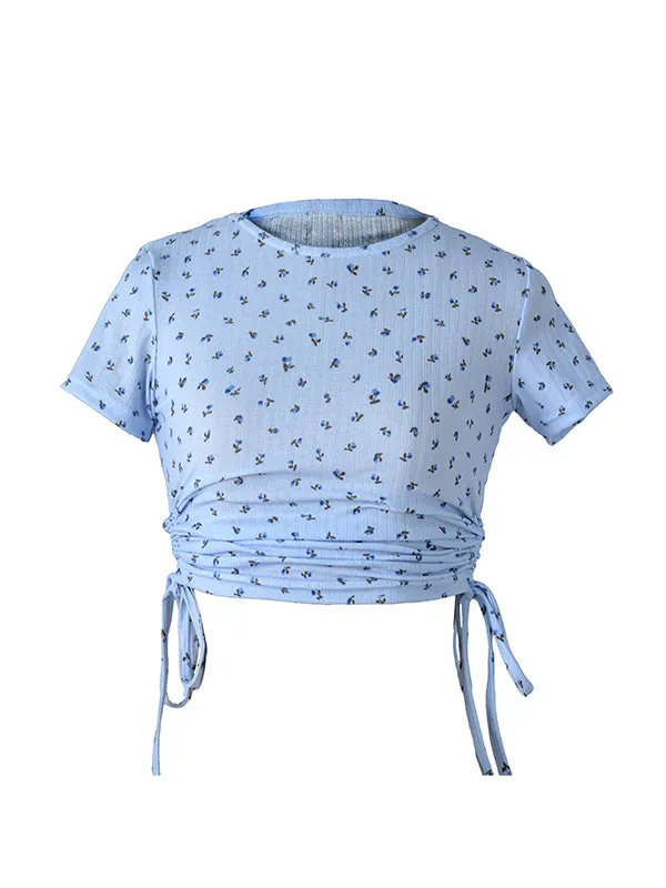 Drawstring Ruched Side Rib-Knit Crop Tee