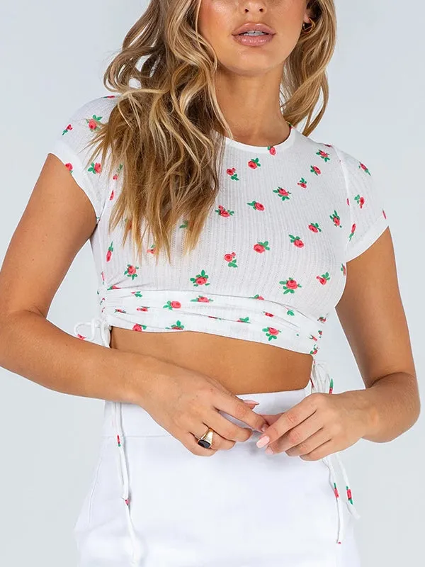 Drawstring Ruched Side Rib-Knit Crop Tee