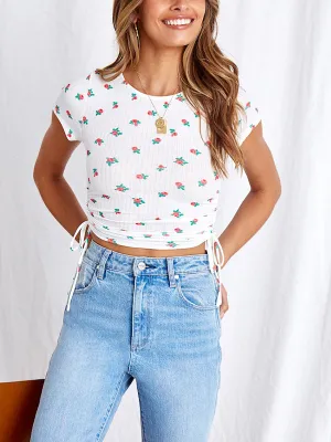 Drawstring Ruched Side Rib-Knit Crop Tee