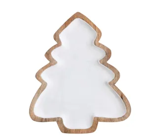 Enameled Mango Wood Christmas Tree Shaped Tray, White & Natural