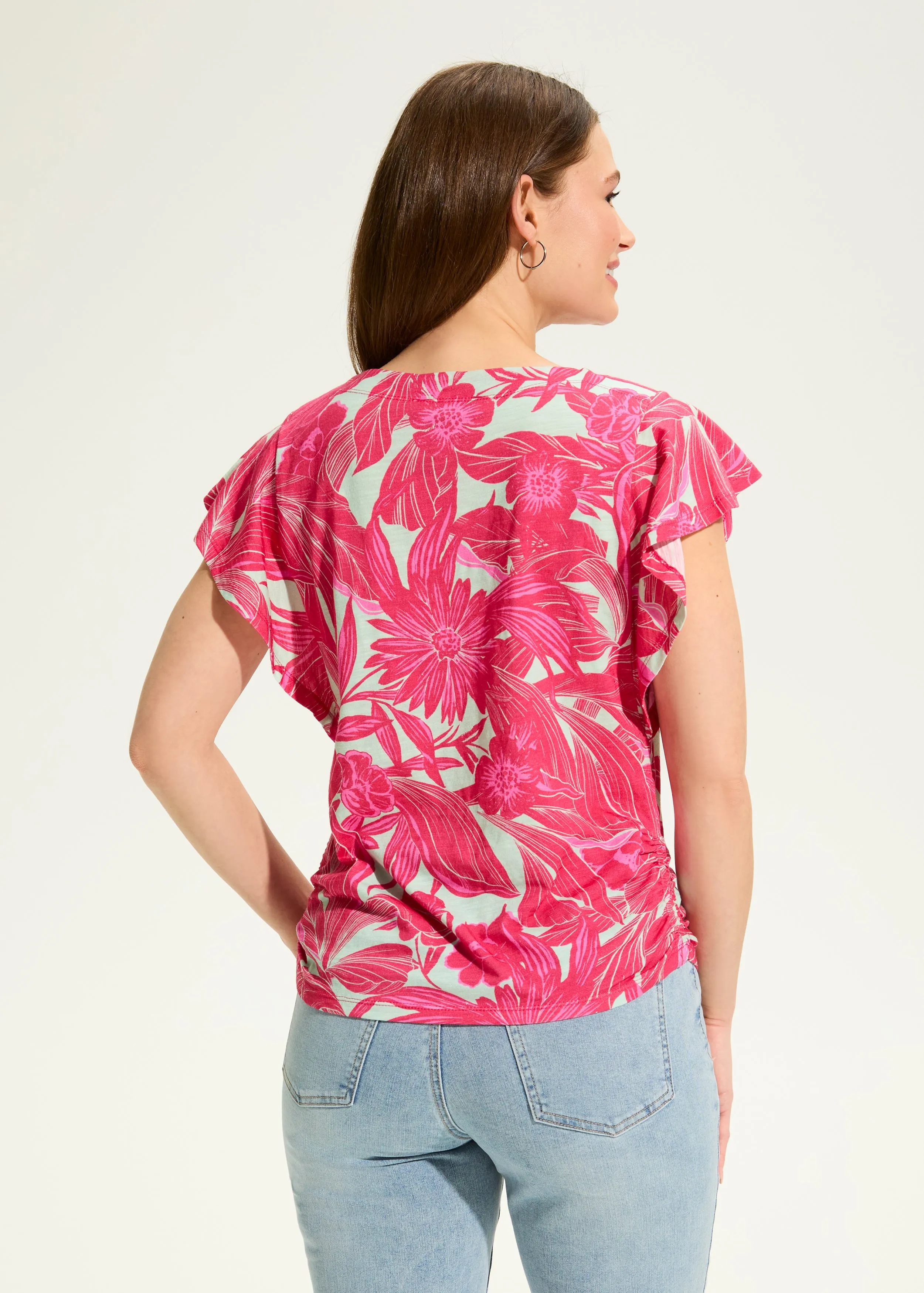 Flutter Sleeve Side Ruche Top, Bloomng Jacquard