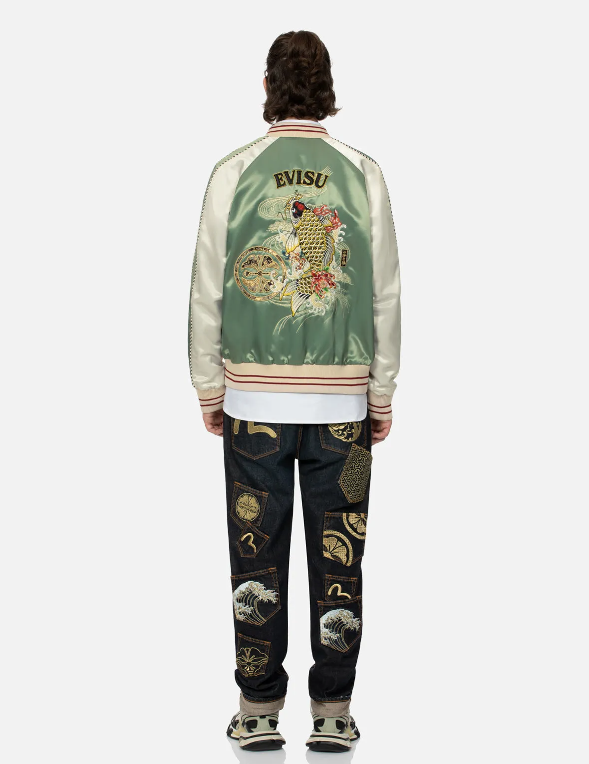 Kamon Brocade Appliqué and Carp Embrodiery Relax Fit Souvenir Jacket