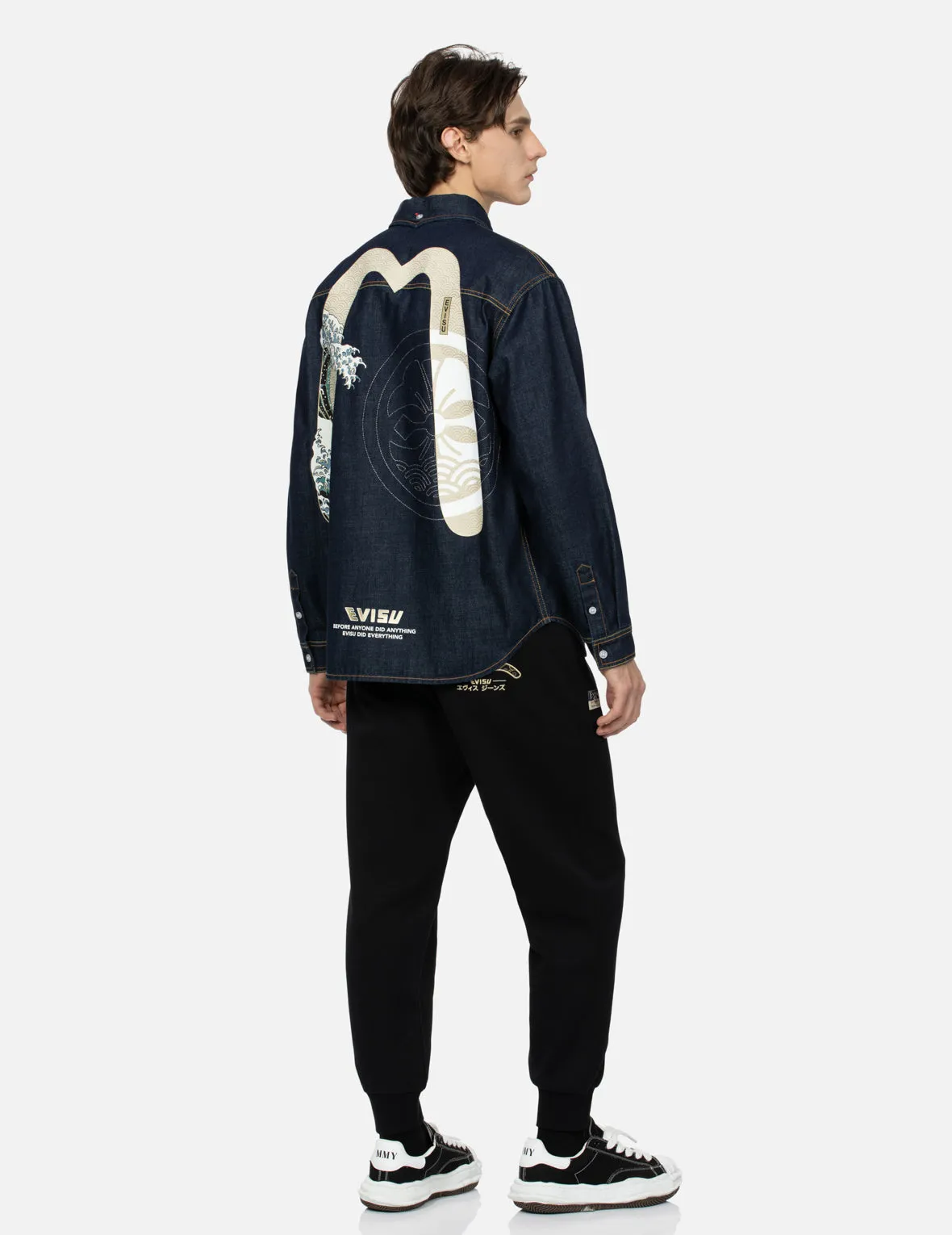 Kamon Stitching and The Great Wave Daicock Print Relax Fit Denim Shirt