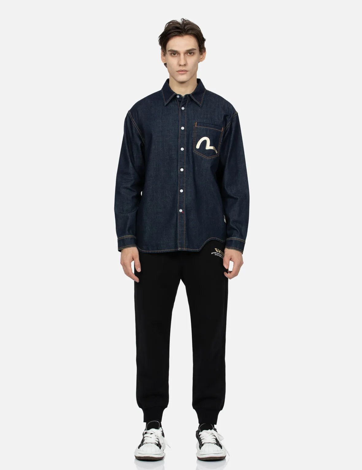 Kamon Stitching and The Great Wave Daicock Print Relax Fit Denim Shirt
