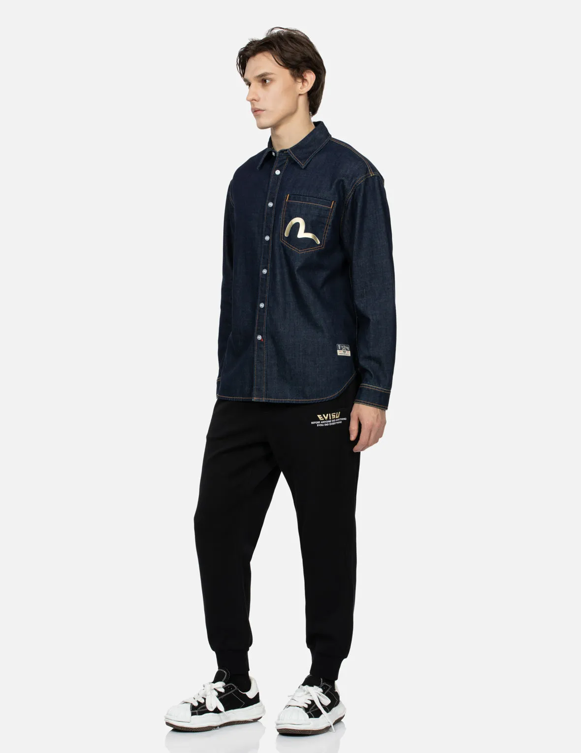 Kamon Stitching and The Great Wave Daicock Print Relax Fit Denim Shirt