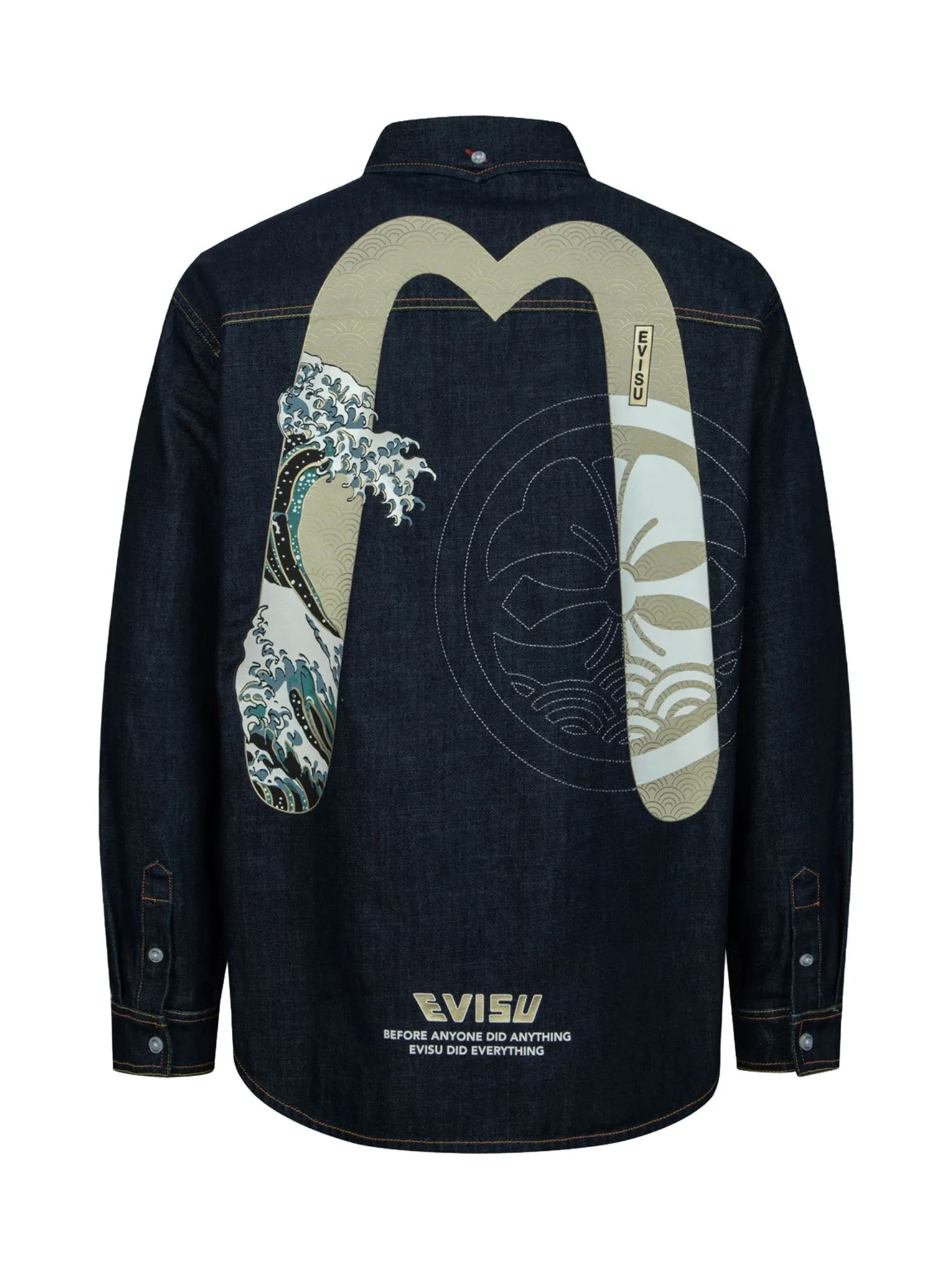 Kamon Stitching and The Great Wave Daicock Print Relax Fit Denim Shirt