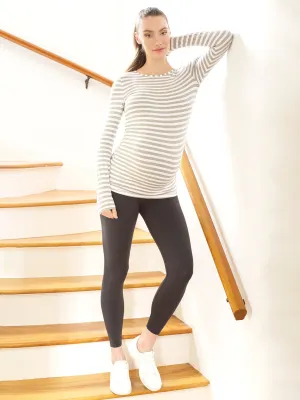 MATERNITY SOFT STRETCH LONG SLEEVE TEE, LIGHT HEATHER GREY STRIPE