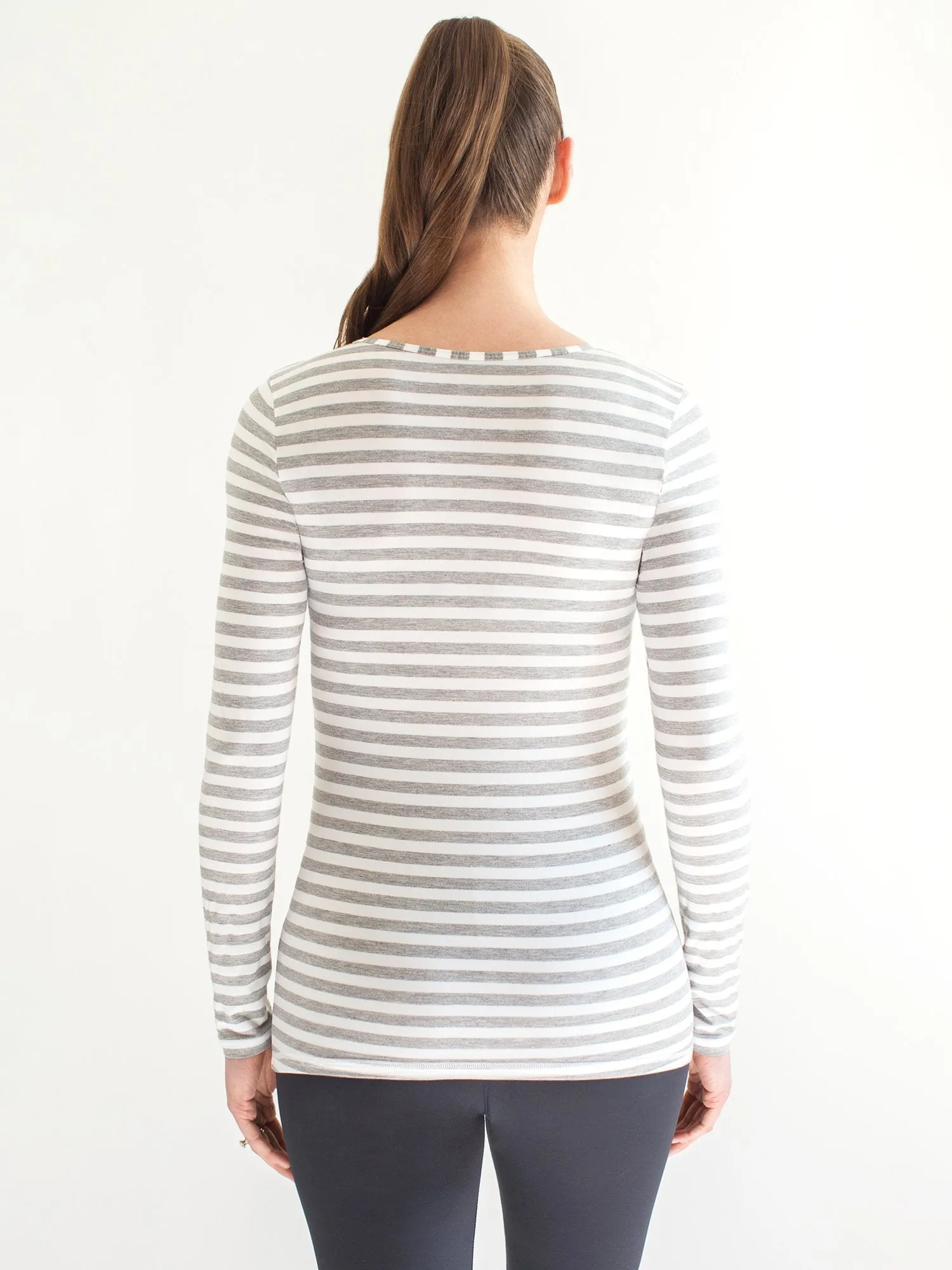 MATERNITY SOFT STRETCH LONG SLEEVE TEE, LIGHT HEATHER GREY STRIPE