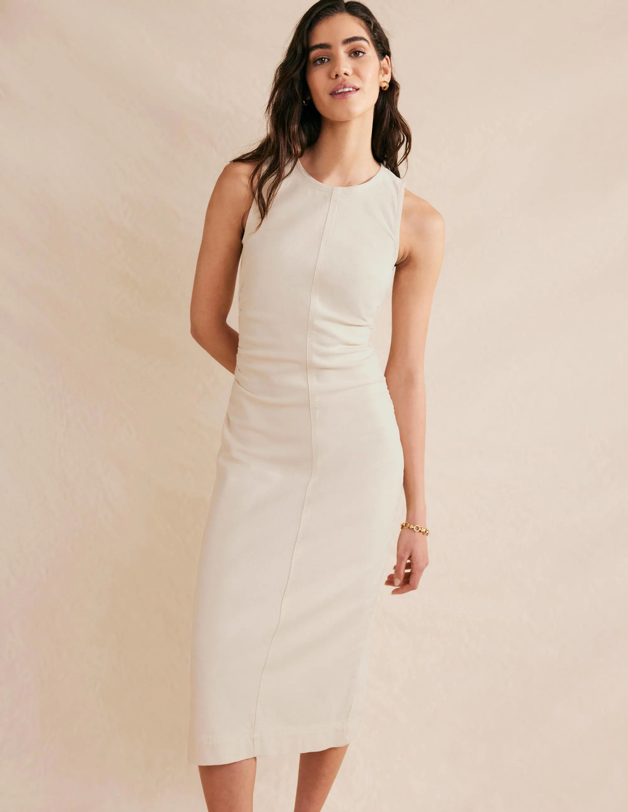 Side Ruched Column Midi Dress-Ecru Denim