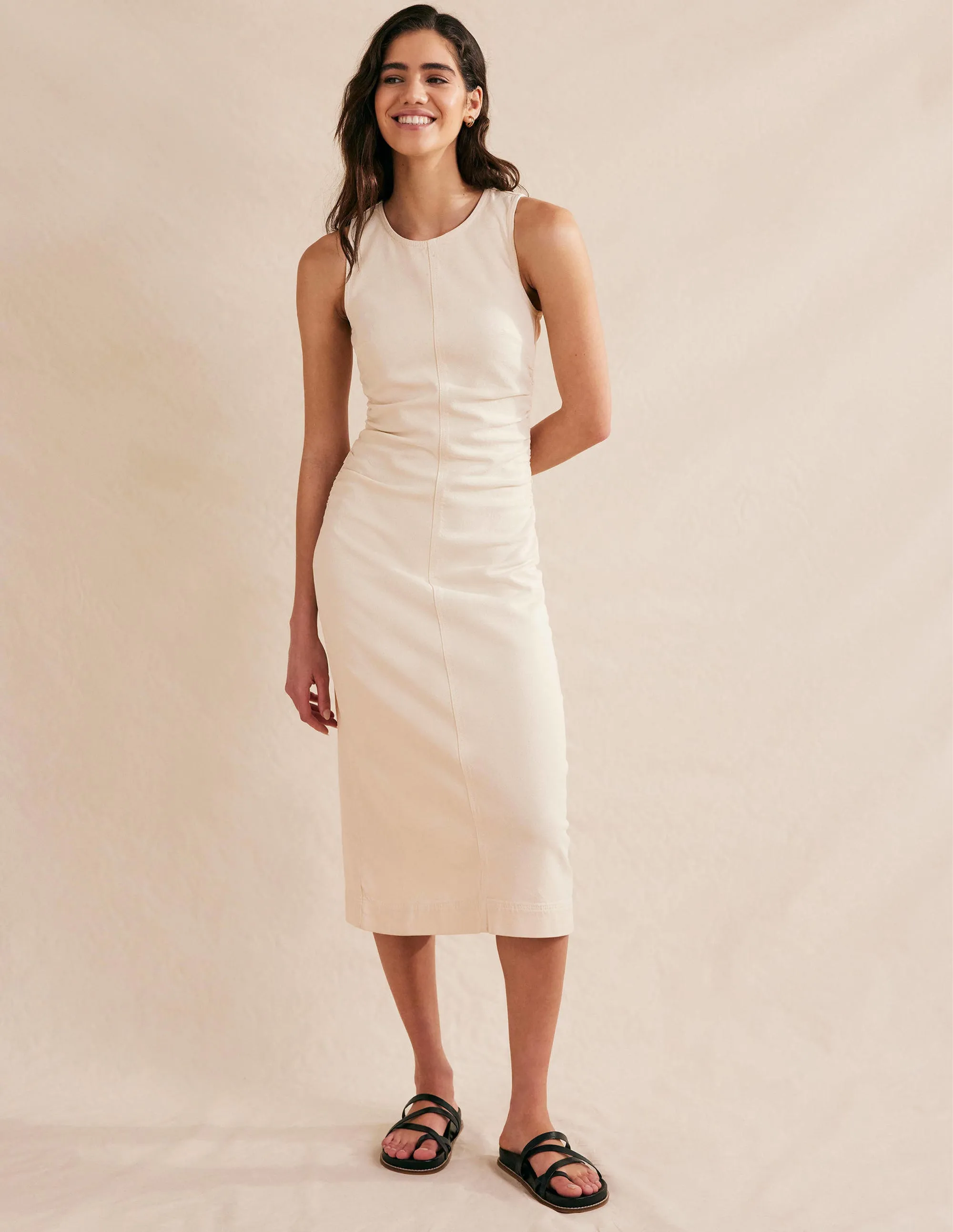 Side Ruched Column Midi Dress-Ecru Denim