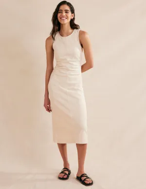Side Ruched Column Midi Dress-Ecru Denim