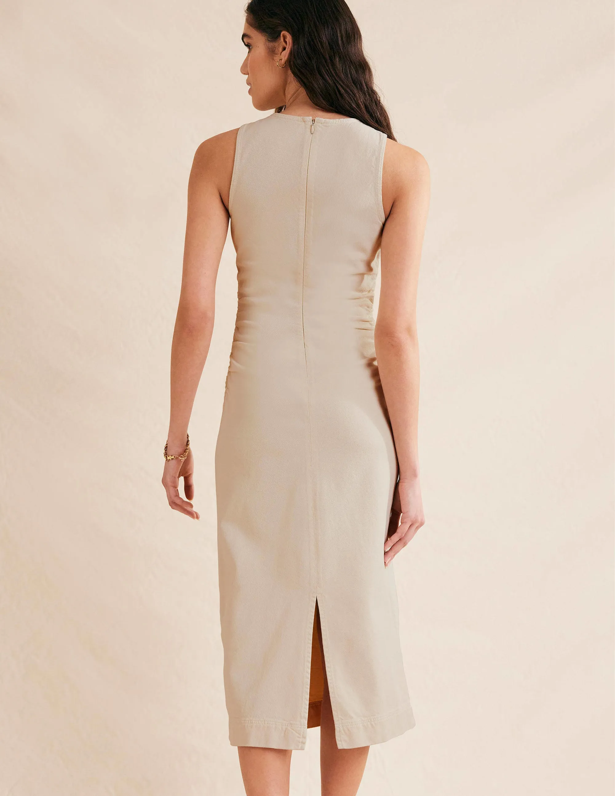 Side Ruched Column Midi Dress-Ecru Denim