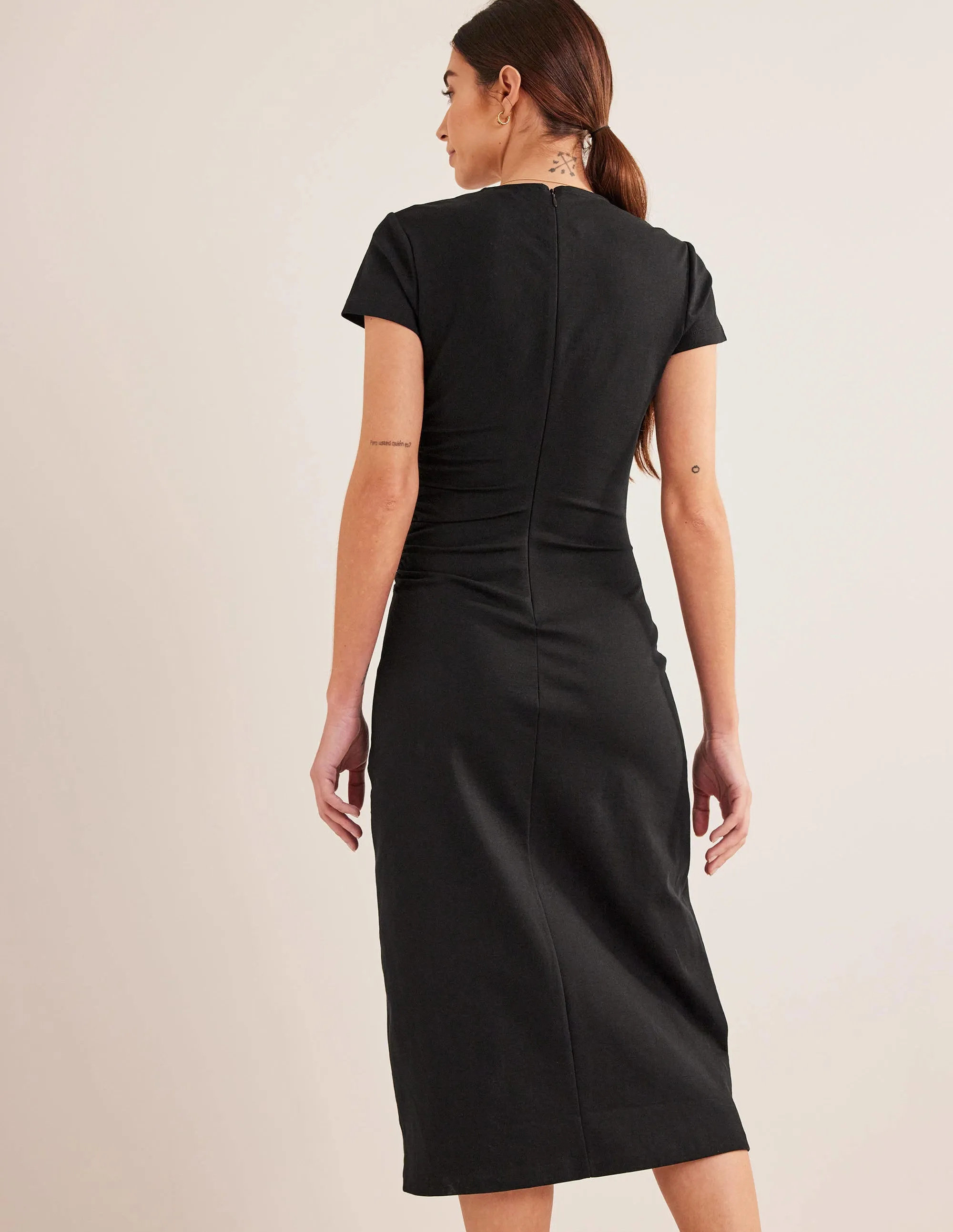 Side Ruched Jersey Midi Dress-Black