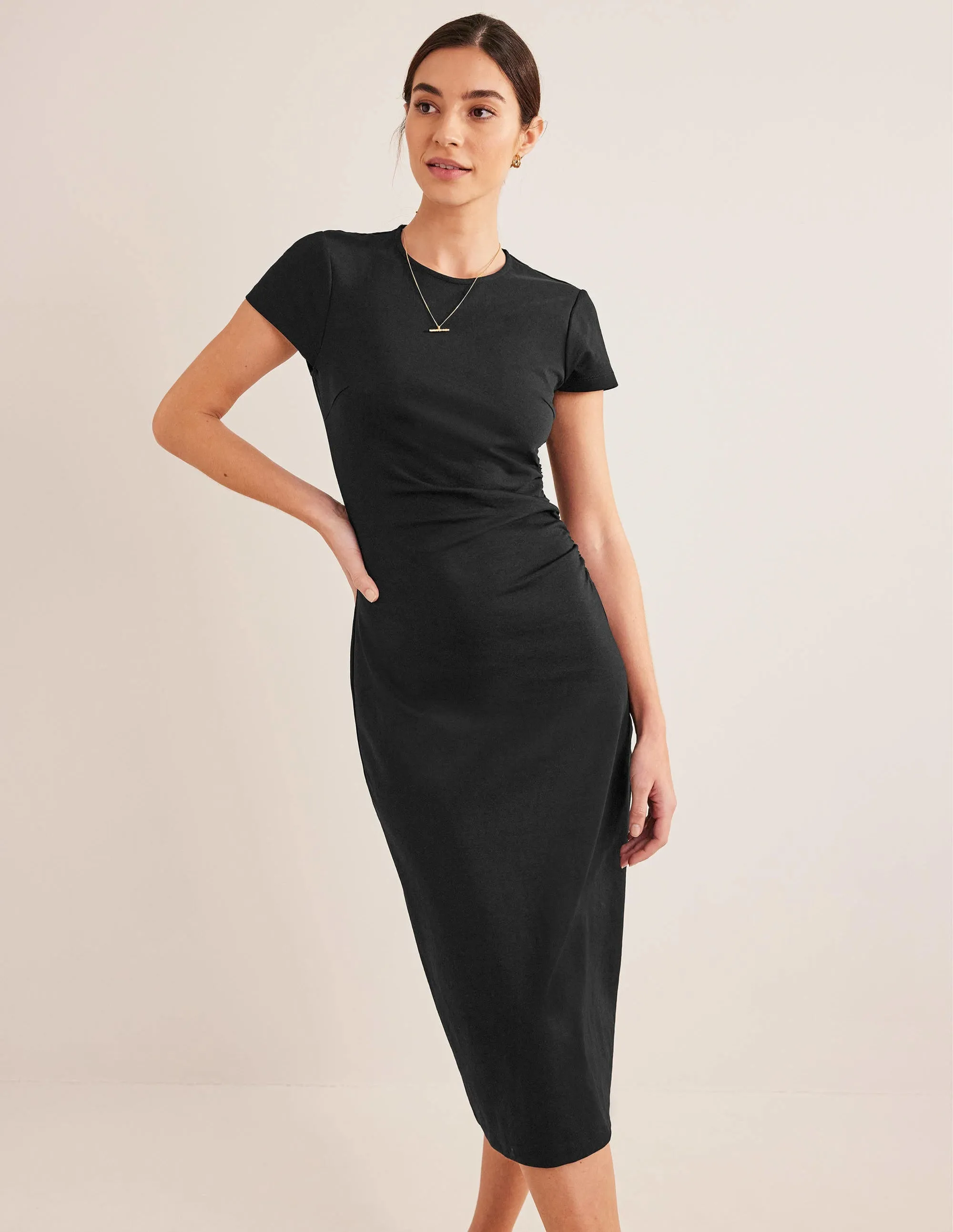 Side Ruched Jersey Midi Dress-Black