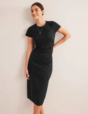 Side Ruched Jersey Midi Dress-Black