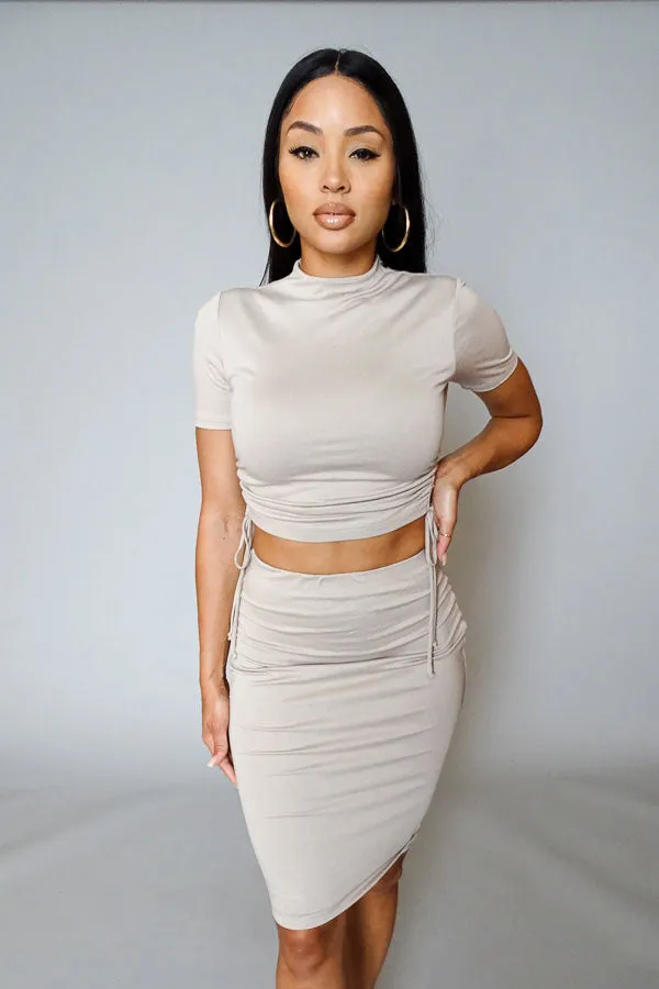 Tan Side Ruched Crop Top & Midi Skirt Set